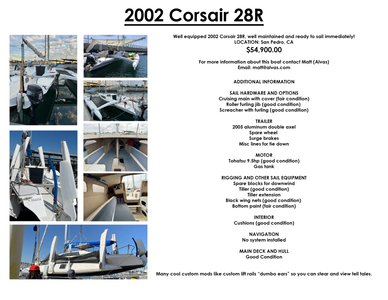 Well Equipped 2002 Corsair 28R. Well Maintained And Ready To Sail Immediately!