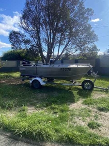14 ft tinny, with trailer and 30 hp outboard