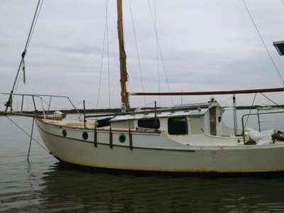 Sailing BOAT.OLD classic yacht. timber works inside and mast boom