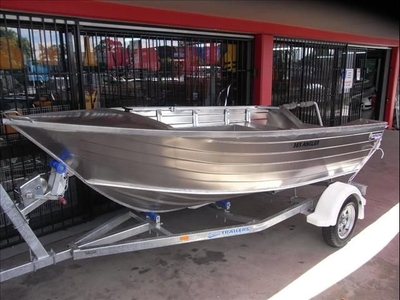 Brand new Horizon 385 Angler Deep V open aluminium boat in stock fitted with a carpeted floor and 4 rod holders!