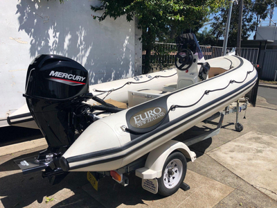 Ex Demo Euro 4.6m side console aluminium RIB with BRAND NEW Mercury 60hp EFI 4 stroke outboard with a 6 year warranty on a Sales 15' trailer with 12 months rego reduced from $29990.00 to $25990.00